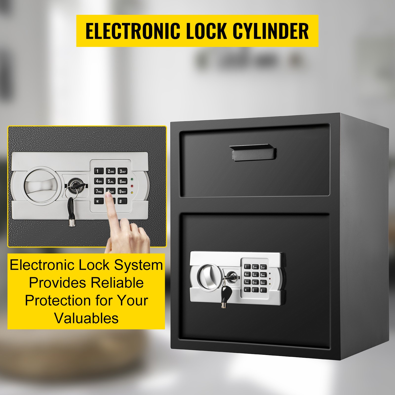 Caja fuerte de depósito VEVOR con teclado electrónico y sistema de seguridad con cerradura con llave.