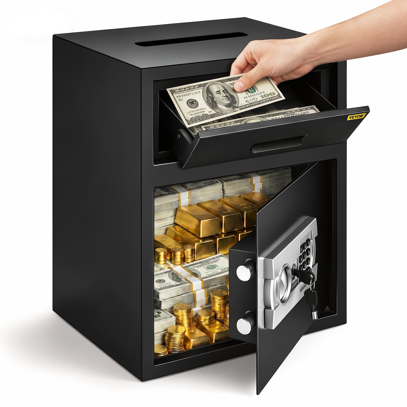 Caja fuerte digital VEVOR de 1,7 pies cúbicos, fabricada en acero al carbono, con cerradura electrónica de código y ranura para dos llaves de emergencia, ideal para el hogar, hotel, restaurante y oficina.