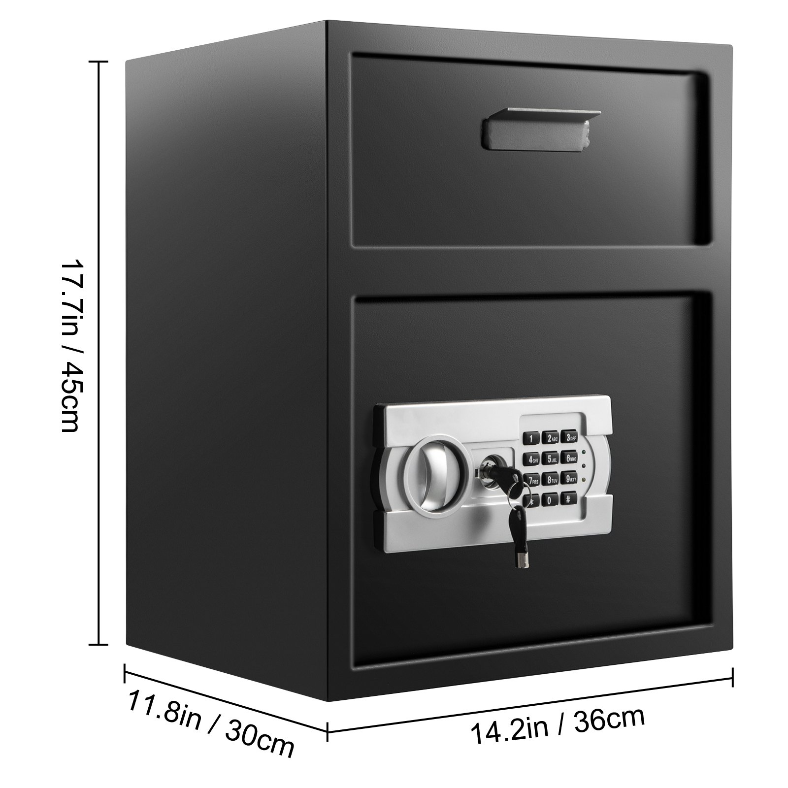 Caja fuerte digital VEVOR de 1,7 pies cúbicos, fabricada en acero al carbono, con cerradura electrónica de código y ranura para dos llaves de emergencia, ideal para el hogar, hotel, restaurante y oficina.
