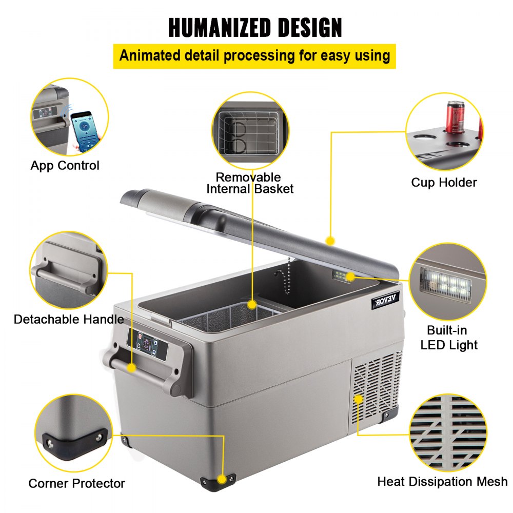 Refrigerador portátil VEVOR con control mediante aplicación, portavasos, luz LED y asa desmontable.