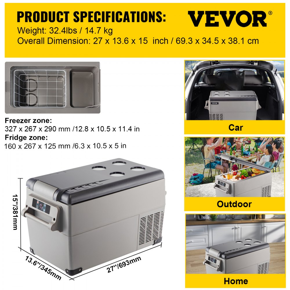 Especificaciones y uso del refrigerador portátil VEVOR en automóviles, exteriores y hogares.