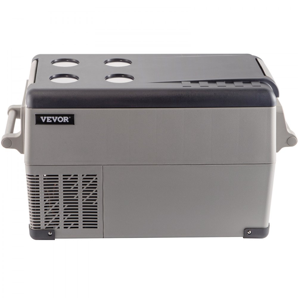 Refrigerador portátil VEVOR gris con tapa de dos tonos y asas laterales.