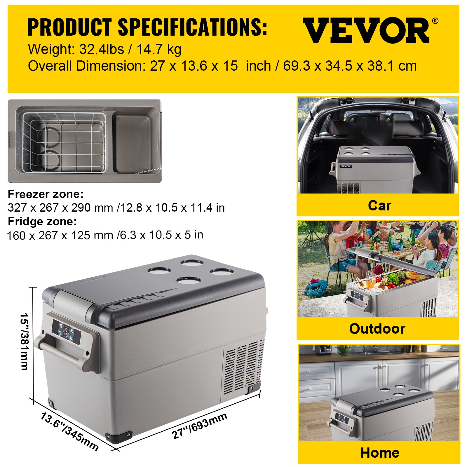 Especificaciones y uso del refrigerador portátil VEVOR en automóviles, exteriores y hogares.