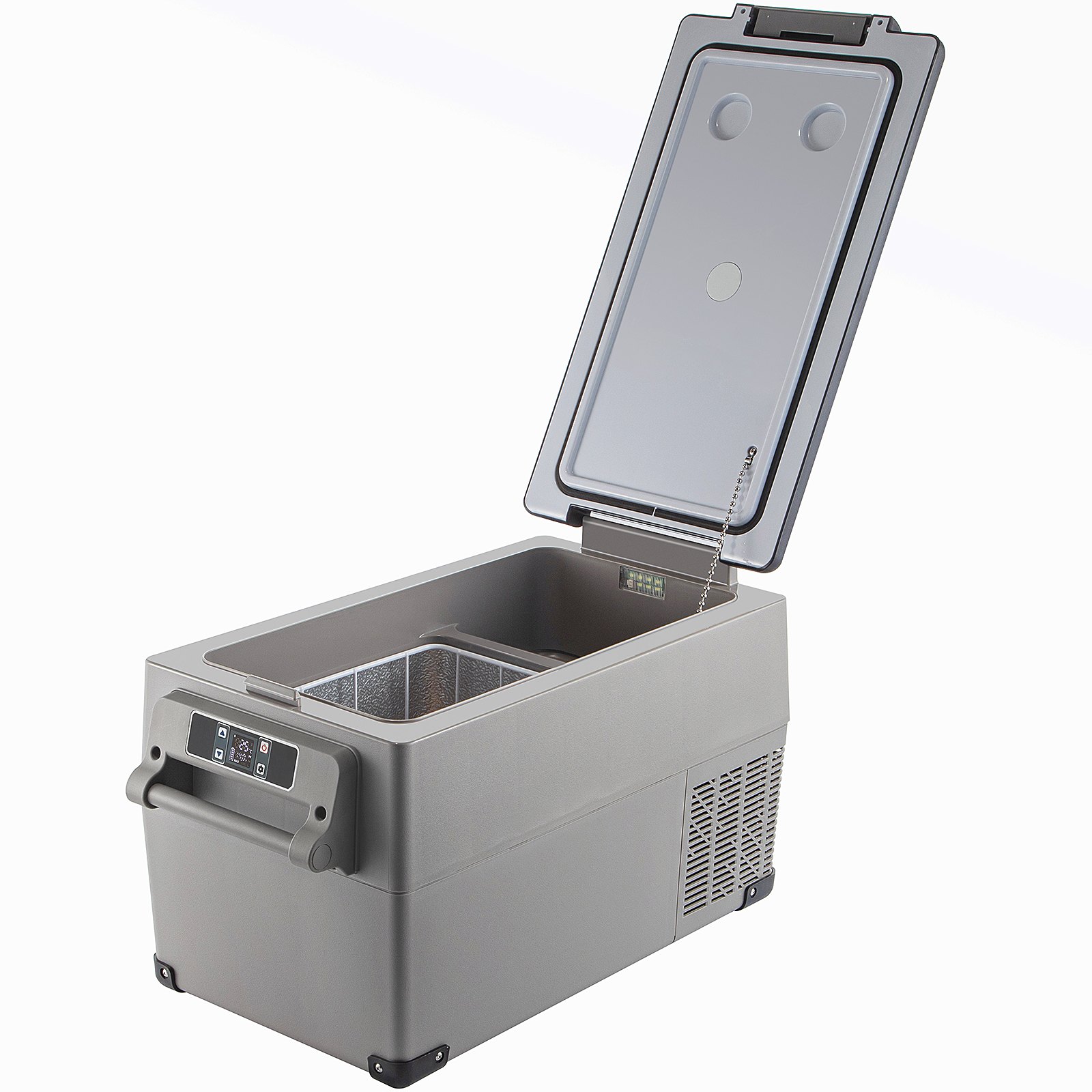Refrigerador portátil VEVOR con tapa abierta, cesto interior y panel de control.
