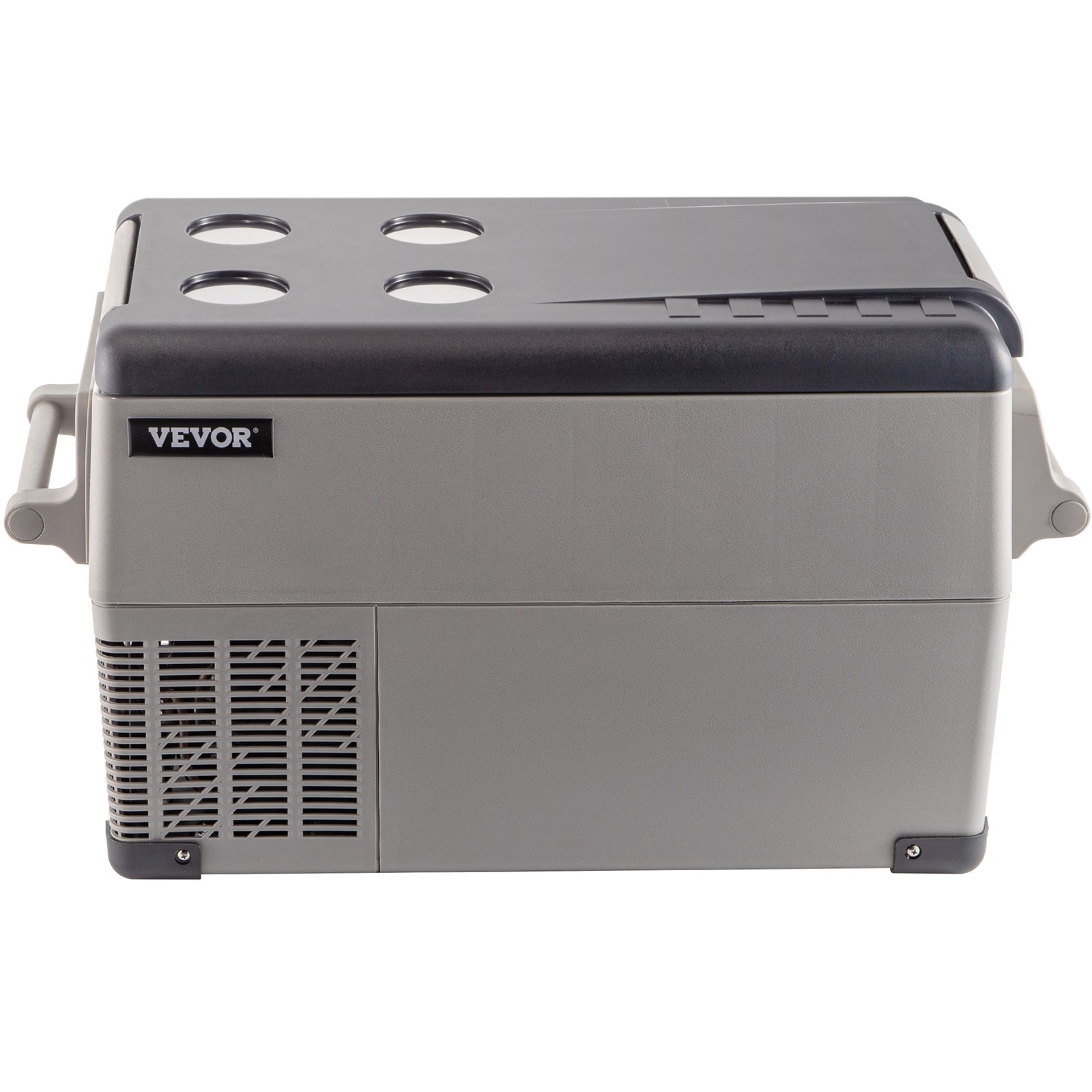 Refrigerador portátil VEVOR gris con tapa de dos tonos y asas laterales.