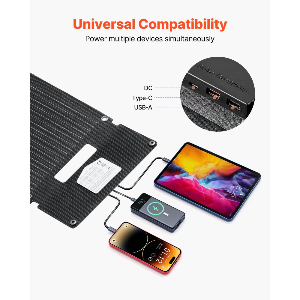 Cargador solar plegable VEVOR de 30 W, panel solar monocristalino tipo N de 16 BB con 24 % de eficiencia, ultraligero y portátil con puertos USB-A, USB-A (QC3.0) y tipo C para camping, senderismo, teléfonos y tabletas.