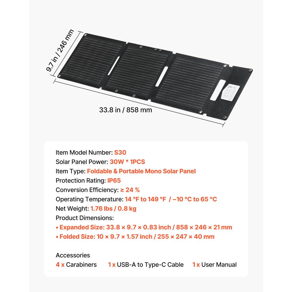 Cargador solar plegable VEVOR de 30 W, panel solar monocristalino tipo N de 16 BB con 24 % de eficiencia, ultraligero y portátil con puertos USB-A, USB-A (QC3.0) y tipo C para camping, senderismo, teléfonos y tabletas.