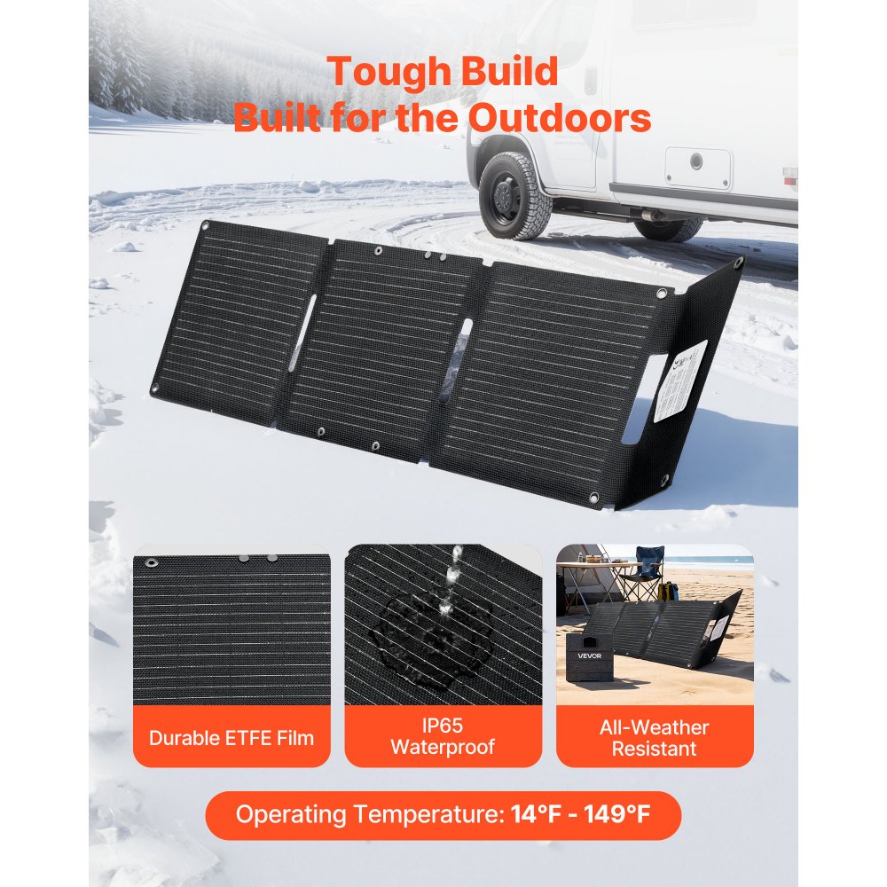 Cargador solar plegable VEVOR de 30 W, panel solar monocristalino tipo N de 16 BB con 24 % de eficiencia, ultraligero y portátil con puertos USB-A, USB-A (QC3.0) y tipo C para camping, senderismo, teléfonos y tabletas.
