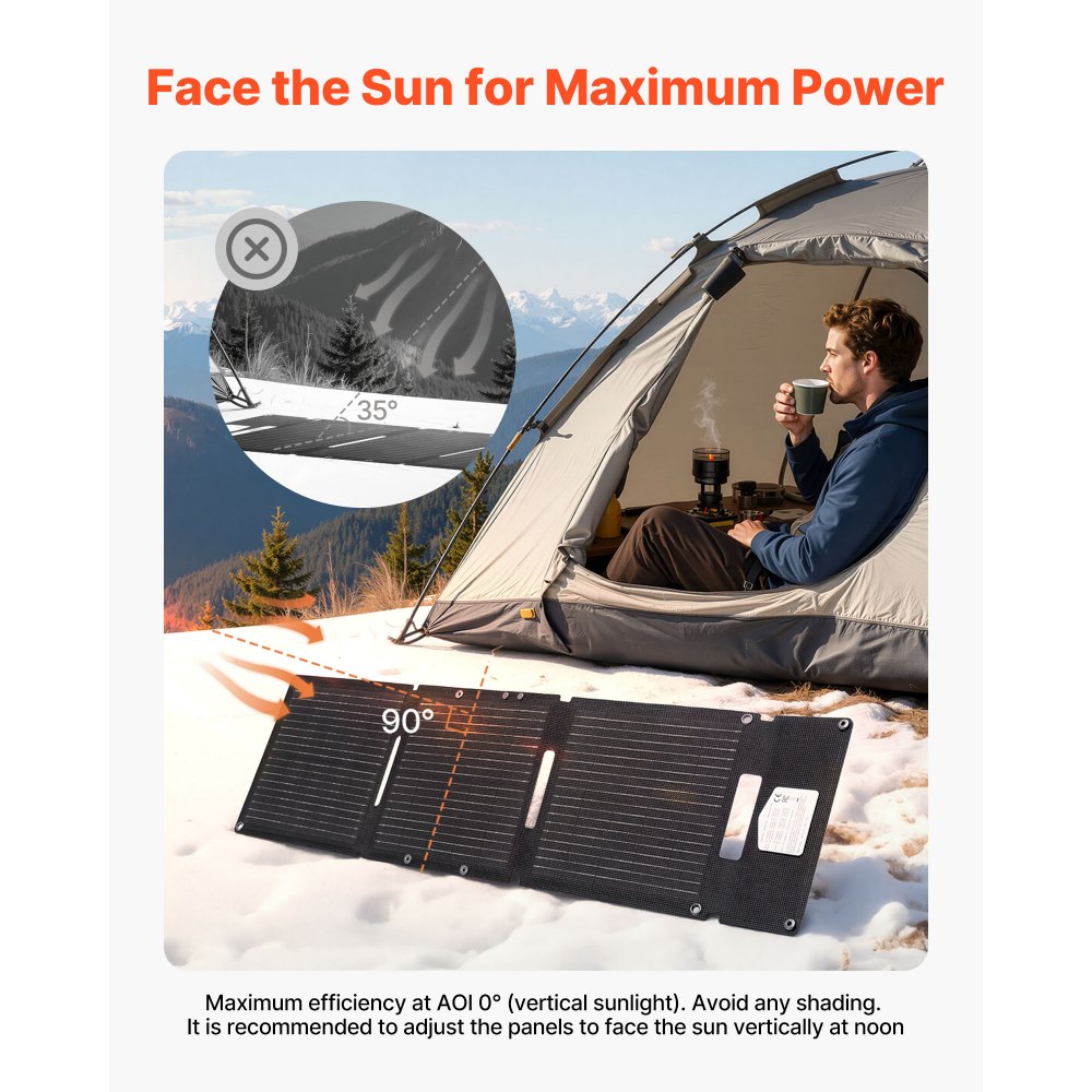 Cargador solar plegable VEVOR de 30 W, panel solar monocristalino tipo N de 16 BB con 24 % de eficiencia, ultraligero y portátil con puertos USB-A, USB-A (QC3.0) y tipo C para camping, senderismo, teléfonos y tabletas.