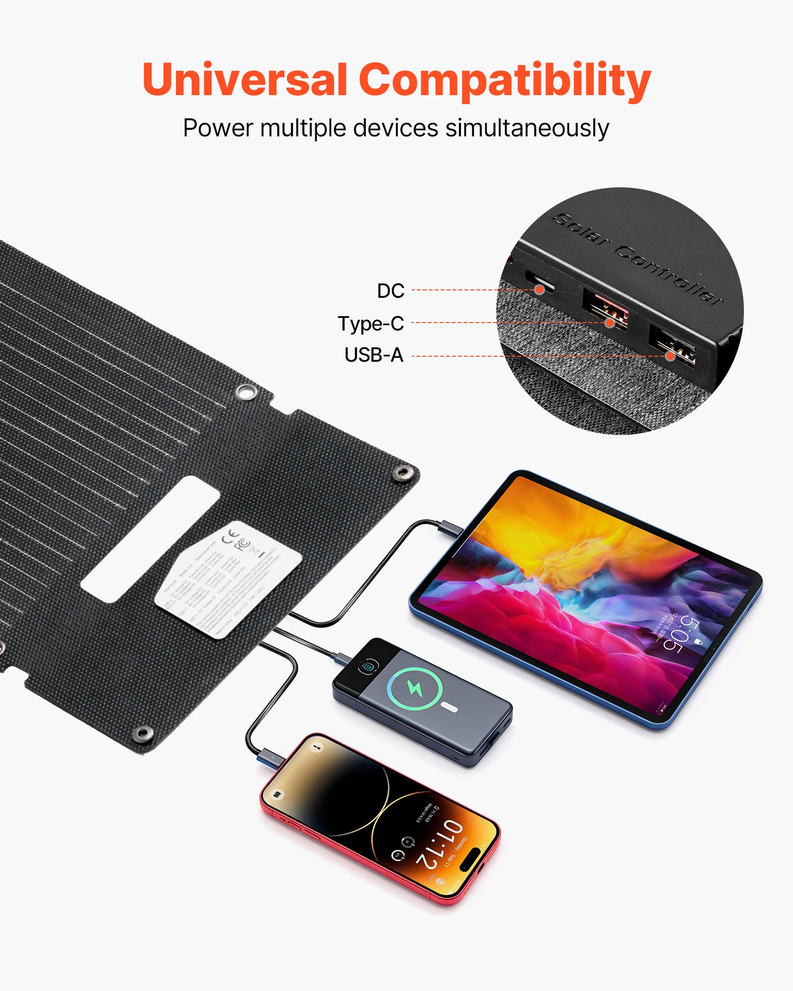 Cargador solar plegable VEVOR de 30 W, panel solar monocristalino tipo N de 16 BB con 24 % de eficiencia, ultraligero y portátil con puertos USB-A, USB-A (QC3.0) y tipo C para camping, senderismo, teléfonos y tabletas.