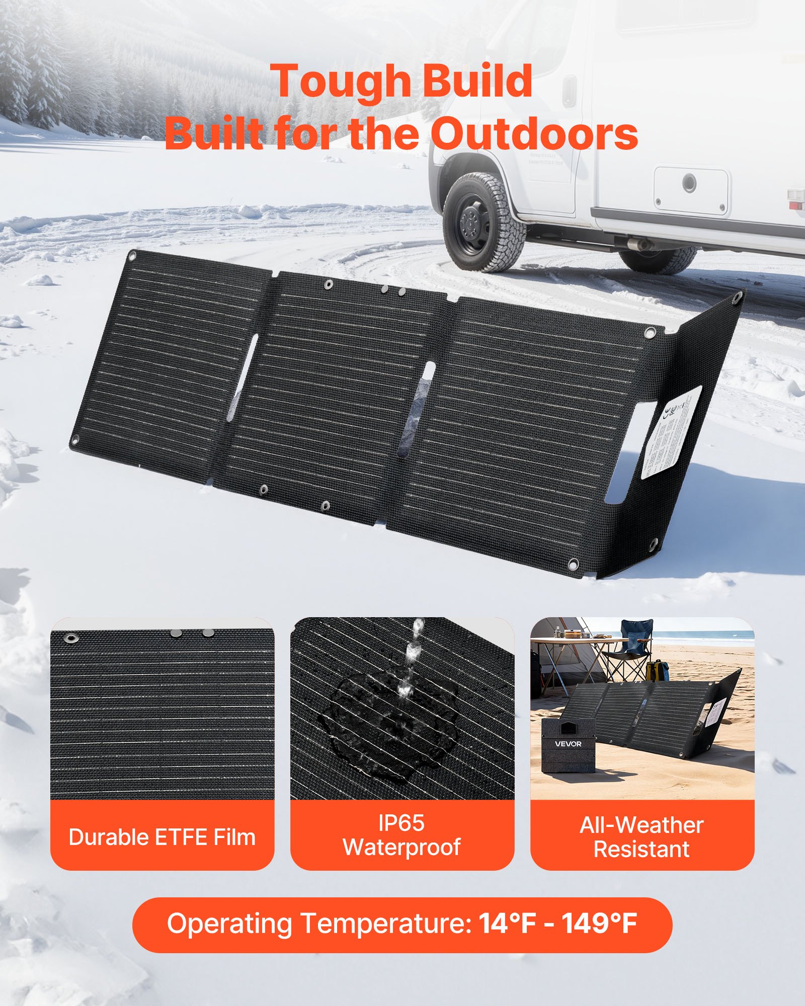Cargador solar plegable VEVOR de 30 W, panel solar monocristalino tipo N de 16 BB con 24 % de eficiencia, ultraligero y portátil con puertos USB-A, USB-A (QC3.0) y tipo C para camping, senderismo, teléfonos y tabletas.
