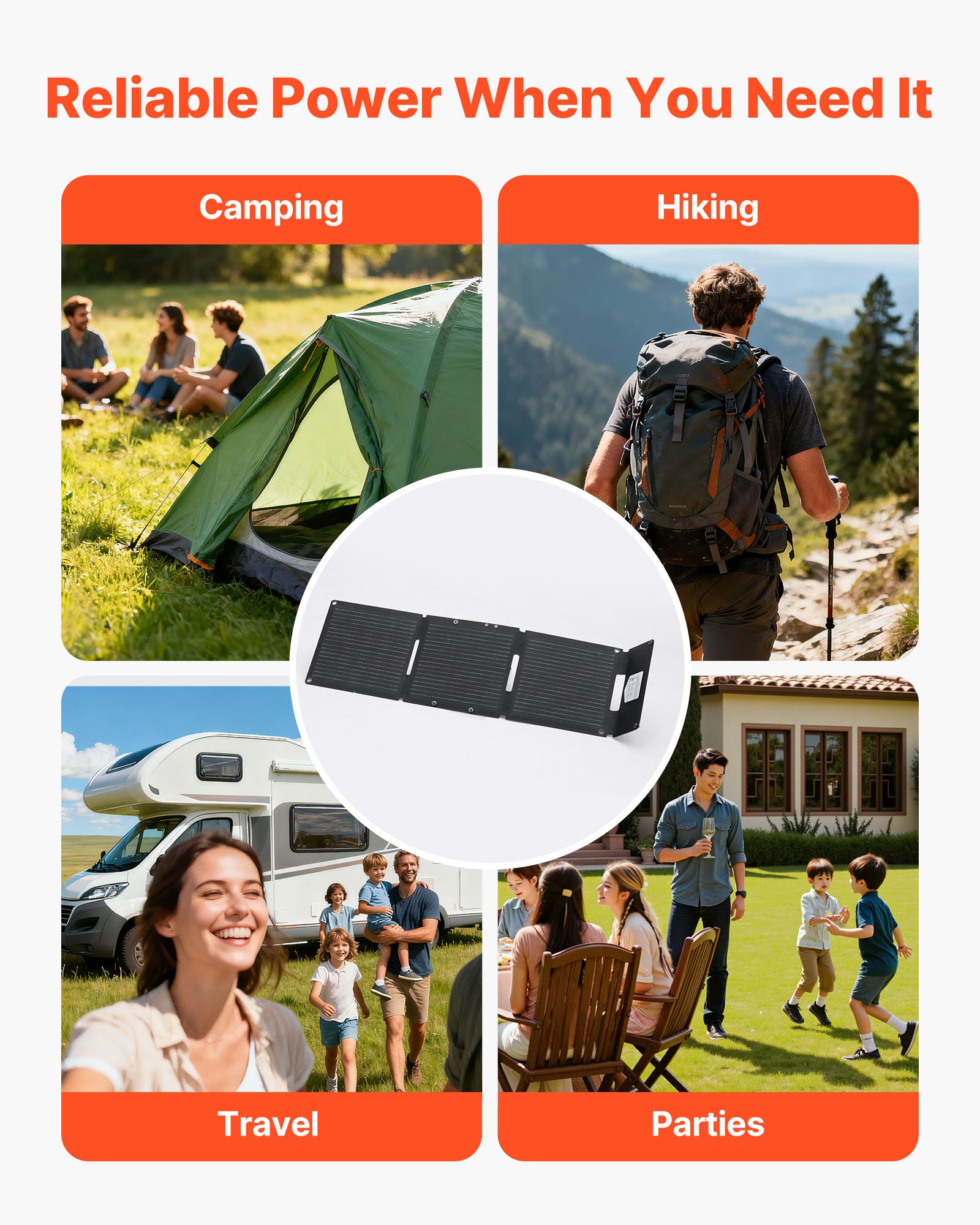 Cargador solar plegable VEVOR de 30 W, panel solar monocristalino tipo N de 16 BB con 24 % de eficiencia, ultraligero y portátil con puertos USB-A, USB-A (QC3.0) y tipo C para camping, senderismo, teléfonos y tabletas.