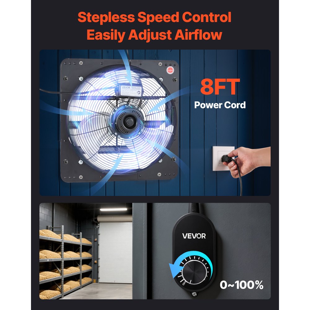 VEVOR Ventilador de escape de 14 pulgadas con persiana, para ático, de pared, con controlador de velocidad variable, 1400 CFM, motor de CA, acero resistente, silencioso, para cobertizos, garajes e invernaderos, color negro