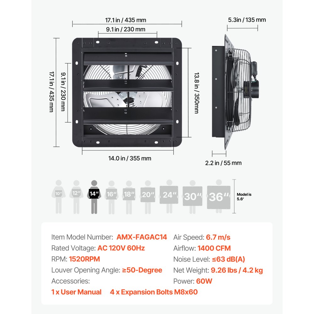 VEVOR Ventilador de escape de 14 pulgadas con persiana, para ático, de pared, con controlador de velocidad variable, 1400 CFM, motor de CA, acero resistente, silencioso, para cobertizos, garajes e invernaderos, color negro