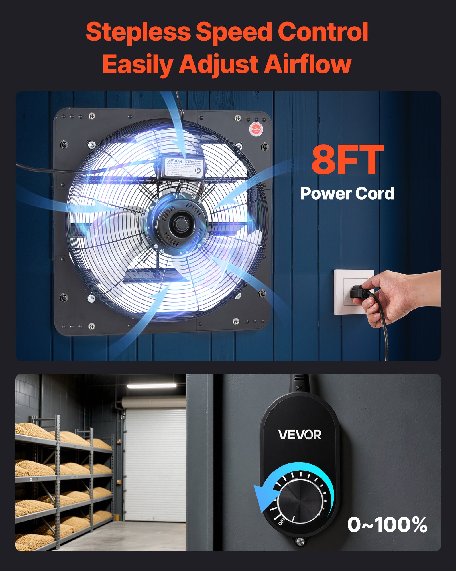 VEVOR Ventilador de escape de 14 pulgadas con persiana, para ático, de pared, con controlador de velocidad variable, 1400 CFM, motor de CA, acero resistente, silencioso, para cobertizos, garajes e invernaderos, color negro