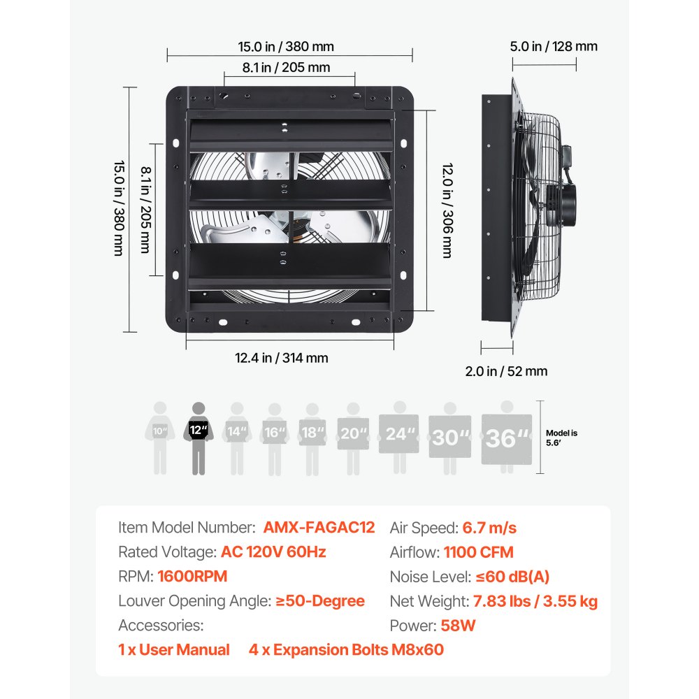 VEVOR Ventilador de escape de 12 pulgadas con persianas, para ático, de pared, con controlador de velocidad variable, 1100 CFM, motor de CA, acero resistente, silencioso, para cobertizos, garajes e invernaderos, color negro