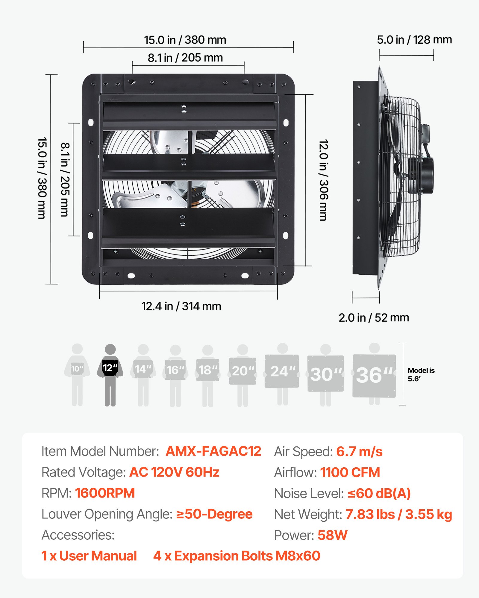 VEVOR Ventilador de escape de 12 pulgadas con persianas, para ático, de pared, con controlador de velocidad variable, 1100 CFM, motor de CA, acero resistente, silencioso, para cobertizos, garajes e invernaderos, color negro