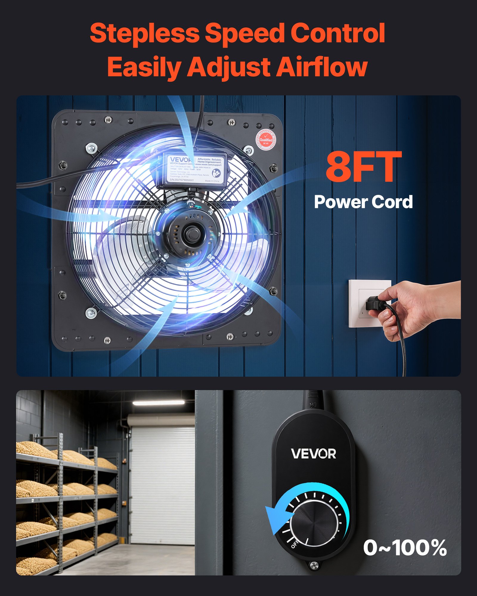 VEVOR Ventilador de escape de 12 pulgadas con persianas, para ático, de pared, con controlador de velocidad variable, 1100 CFM, motor de CA, acero resistente, silencioso, para cobertizos, garajes e invernaderos, color negro