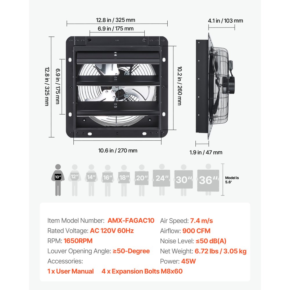 VEVOR Ventilador de escape de 10 pulgadas con persianas, para ático, de pared, con controlador de velocidad variable, 900 CFM, motor de CA, acero resistente, silencioso, para cobertizos, garajes e invernaderos, color negro