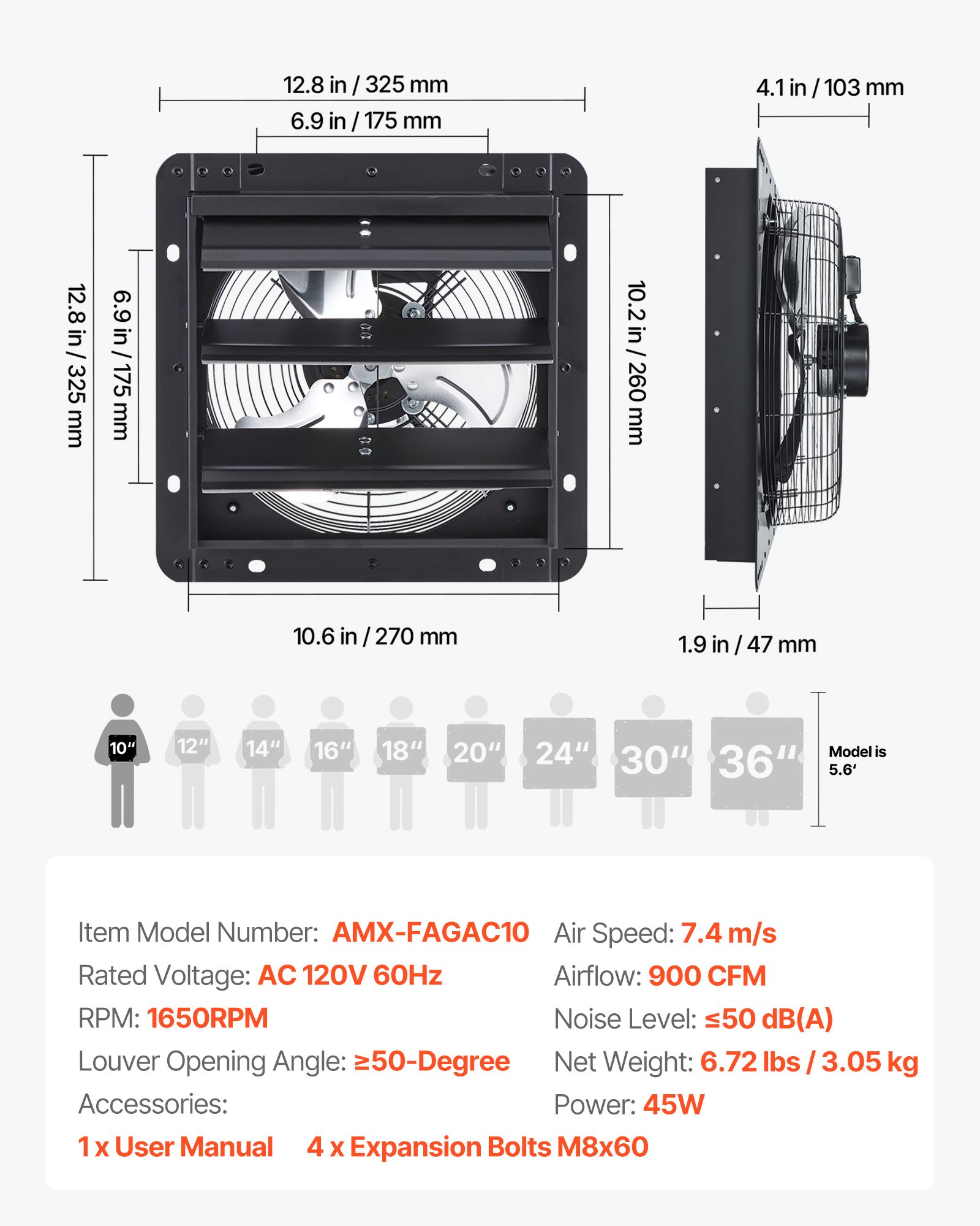 VEVOR Ventilador de escape de 10 pulgadas con persianas, para ático, de pared, con controlador de velocidad variable, 900 CFM, motor de CA, acero resistente, silencioso, para cobertizos, garajes e invernaderos, color negro