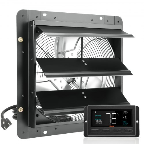 Ventilador de escape con obturador VEVOR, 14'' con controlador de temperatura y humedad, motor EC, 1513 CFM, ventilador de ático de montaje en pared ajustable de 10 velocidades, ventilación y refrigeración para invernaderos, garajes, cobertizos, listado ETL