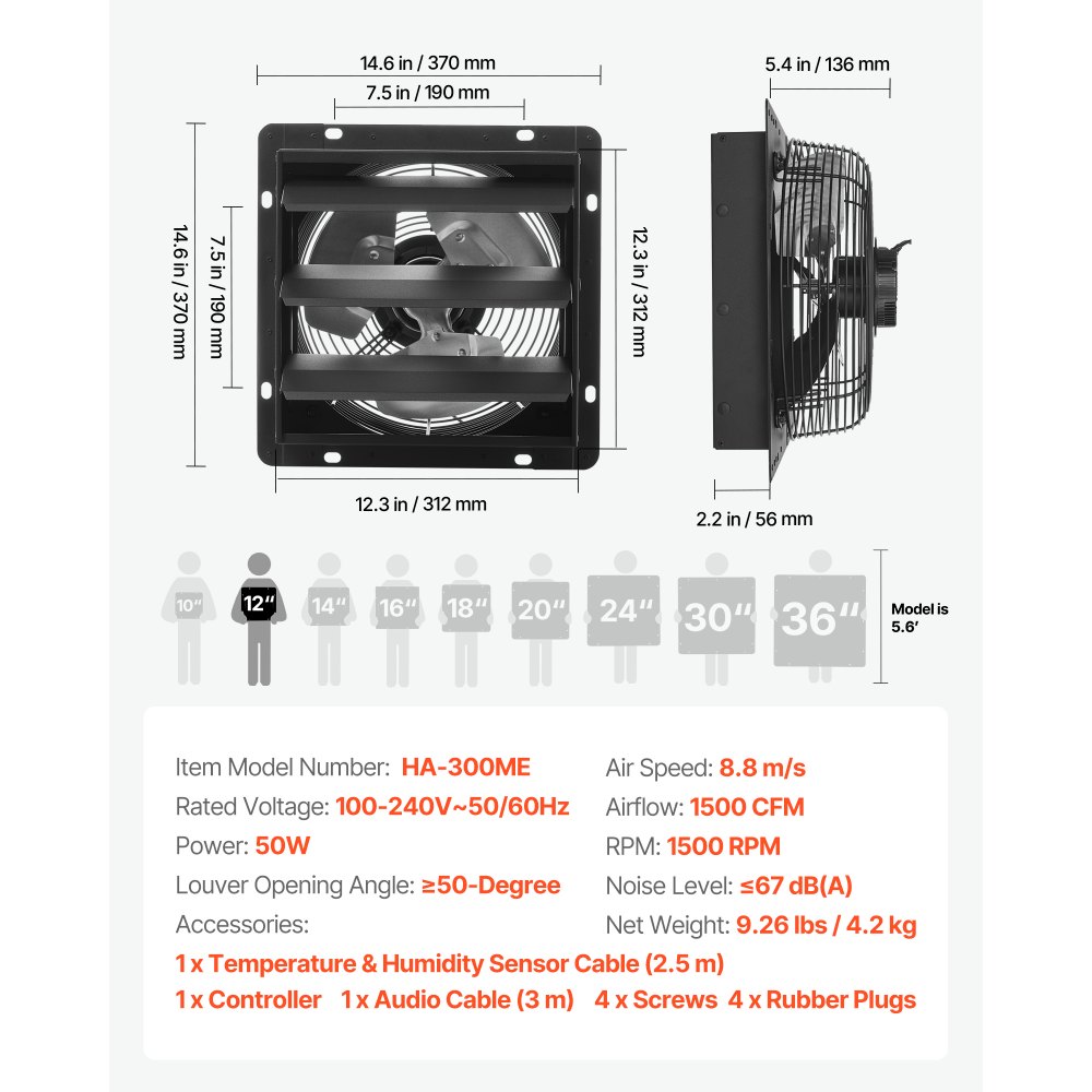 VEVOR Ventilador de escape de 12 pulgadas para persianas, para ático, con control de temperatura de velocidad variable y programación inteligente, 1500 CFM, motor EC, temporizador, para cobertizos, garajes e invernaderos, color negro