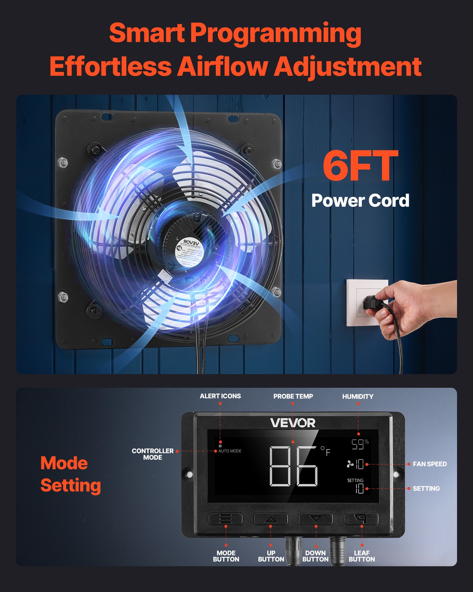 VEVOR Ventilador de escape de 12 pulgadas para persianas, para ático, con control de temperatura de velocidad variable y programación inteligente, 1500 CFM, motor EC, temporizador, para cobertizos, garajes e invernaderos, color negro