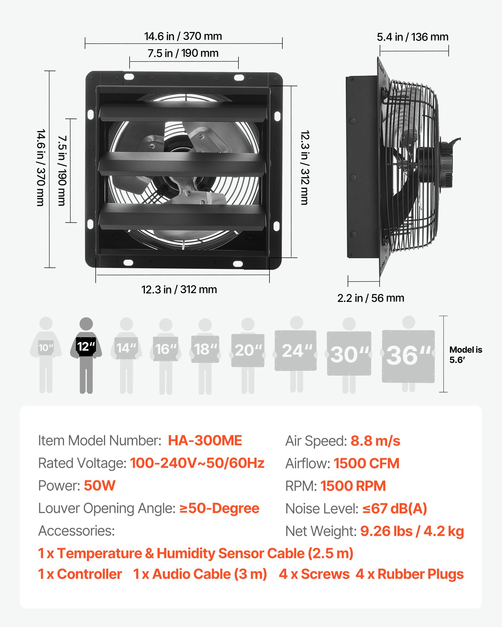VEVOR Ventilador de escape de 12 pulgadas para persianas, para ático, con control de temperatura de velocidad variable y programación inteligente, 1500 CFM, motor EC, temporizador, para cobertizos, garajes e invernaderos, color negro