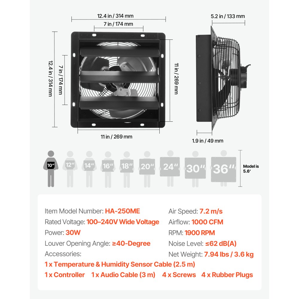 VEVOR Ventilador de escape de 10 pulgadas para persianas, para ático, con control de temperatura de velocidad variable y programación inteligente, 1000 CFM, motor EC, temporizador, para cobertizos, garajes e invernaderos, color negro