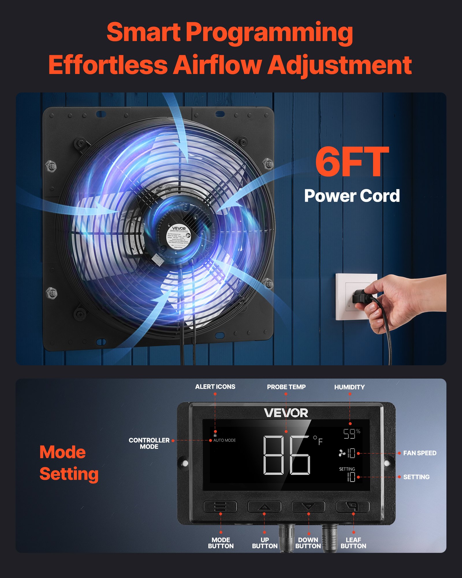 VEVOR Ventilador de escape de 10 pulgadas para persianas, para ático, con control de temperatura de velocidad variable y programación inteligente, 1000 CFM, motor EC, temporizador, para cobertizos, garajes e invernaderos, color negro