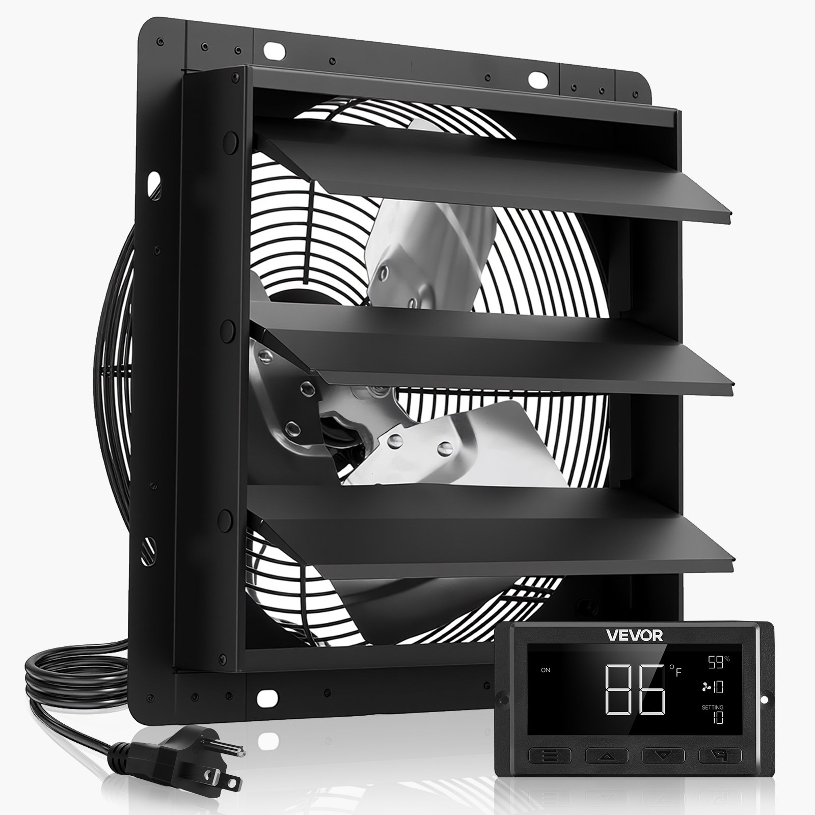 VEVOR Ventilador de escape de 10 pulgadas para persianas, para ático, con control de temperatura de velocidad variable y programación inteligente, 1000 CFM, motor EC, temporizador, para cobertizos, garajes e invernaderos, color negro