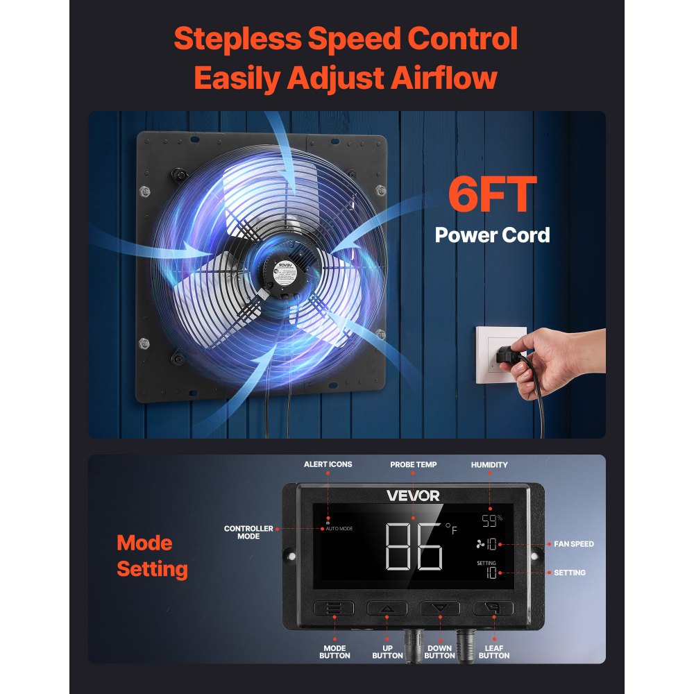 VEVOR Ventilador de escape de 14 pulgadas para persianas, para ático, con control de temperatura de velocidad variable y programación inteligente, 2000 CFM, motor EC, temporizador, para cobertizos, garajes e invernaderos, color negro