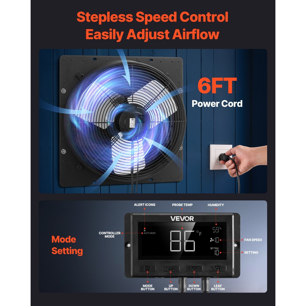 VEVOR Ventilador de escape de persiana de 16 pulgadas, ventilador de ventilación de ático de pared con programación inteligente, control de temperatura de velocidad variable, 2900 CFM, motor EC, temporizador, para cobertizo, garaje, invernadero, ventilación y refrigeración, color negro