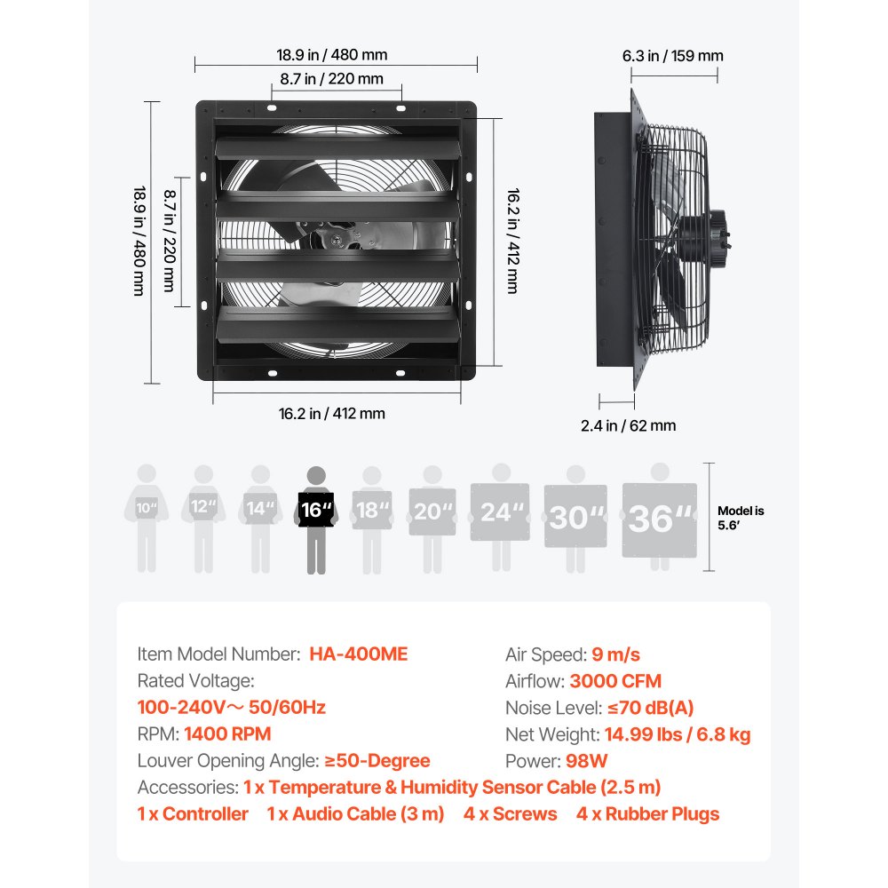 VEVOR Ventilador de escape de persiana de 16 pulgadas, ventilador de ventilación de ático de pared con programación inteligente, control de temperatura de velocidad variable, 2900 CFM, motor EC, temporizador, para cobertizo, garaje, invernadero, ventilación y refrigeración, color negro