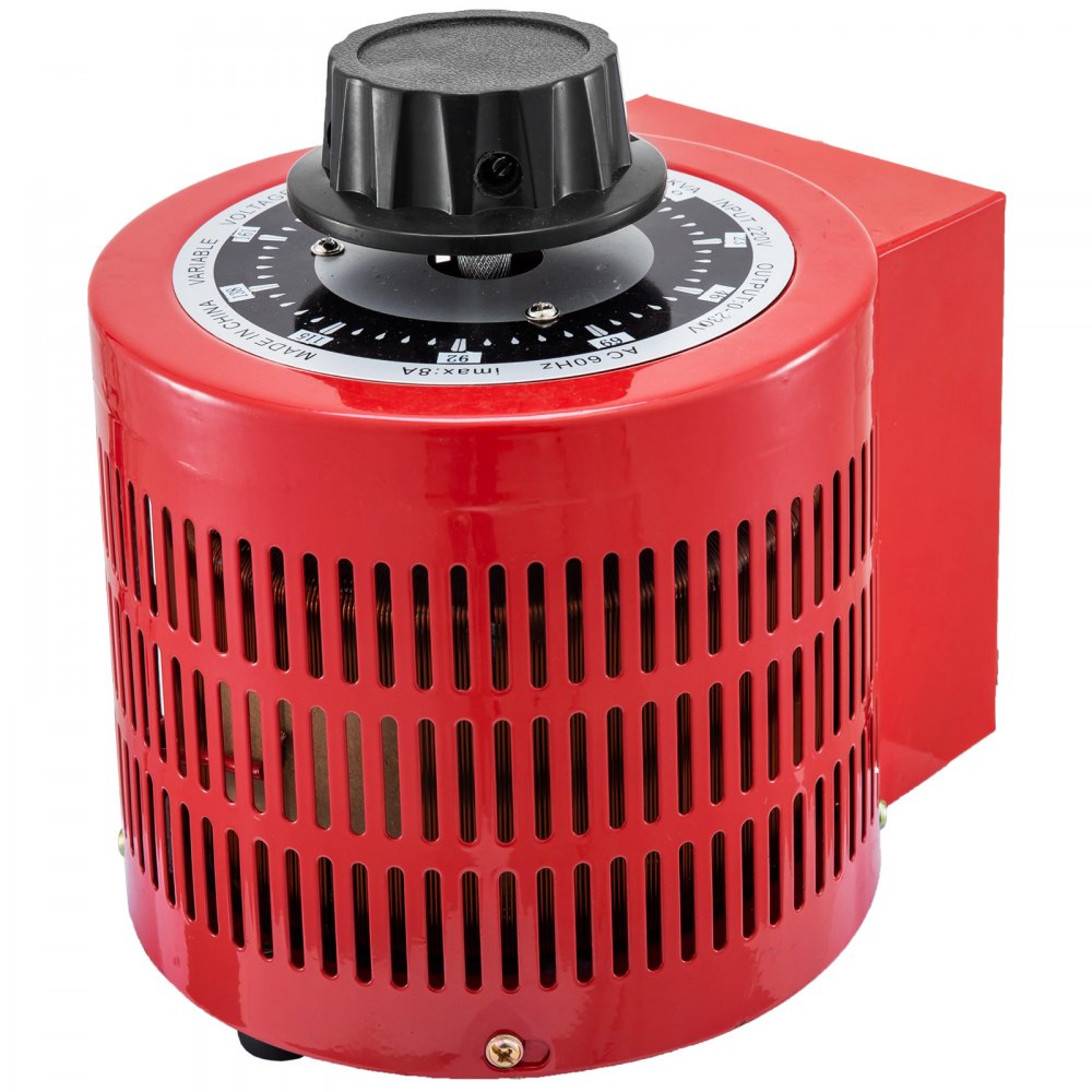 Transformador automático VEVOR rojo con perilla de dial negra y carcasa perforada.