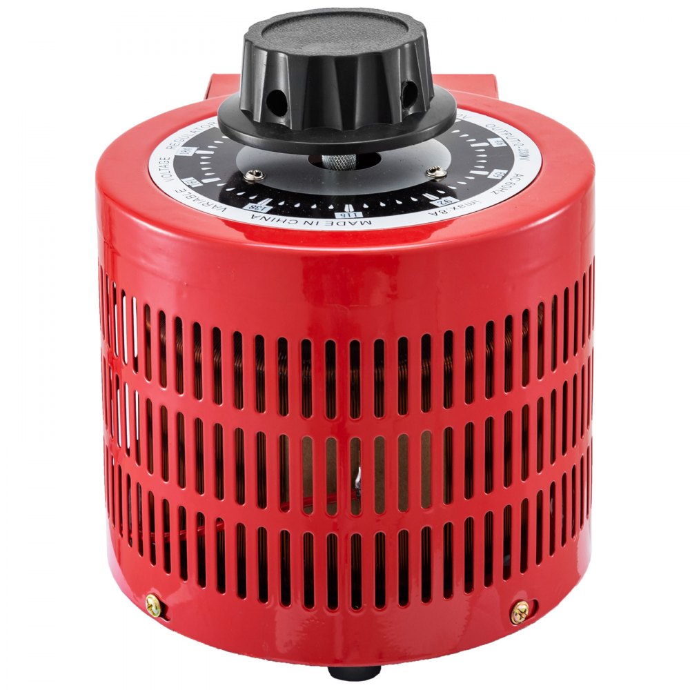 Autotransformador VEVOR rojo con esfera negra y cuerpo cilíndrico perforado.
