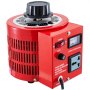 Transformador automático VEVOR rojo con dial, interruptor de encendido y pantalla de voltaje.