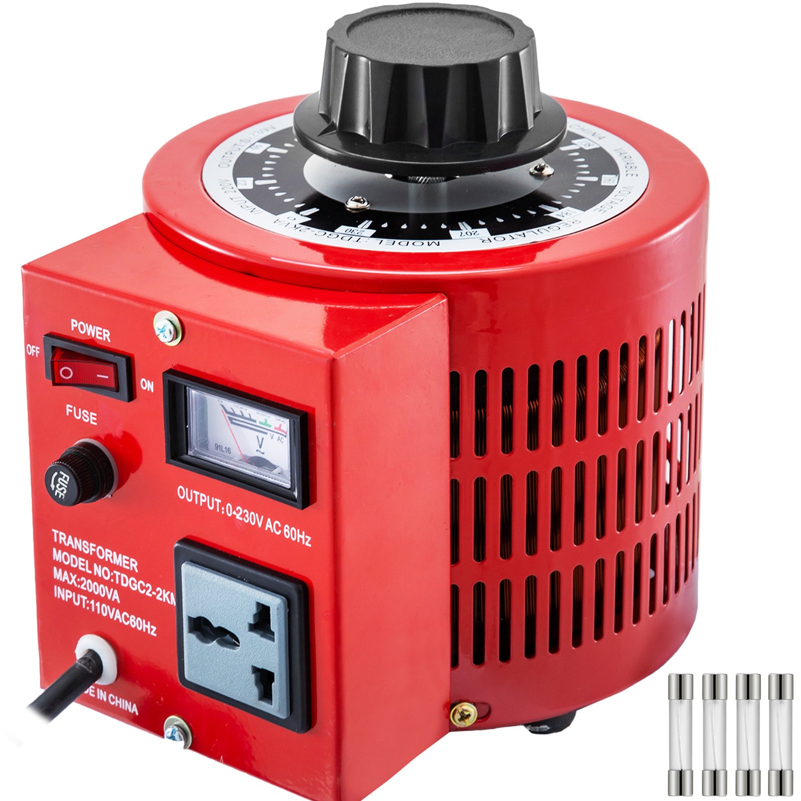 Transformador automático VEVOR rojo con perilla de control, interruptor de encendido y pantalla de voltaje.