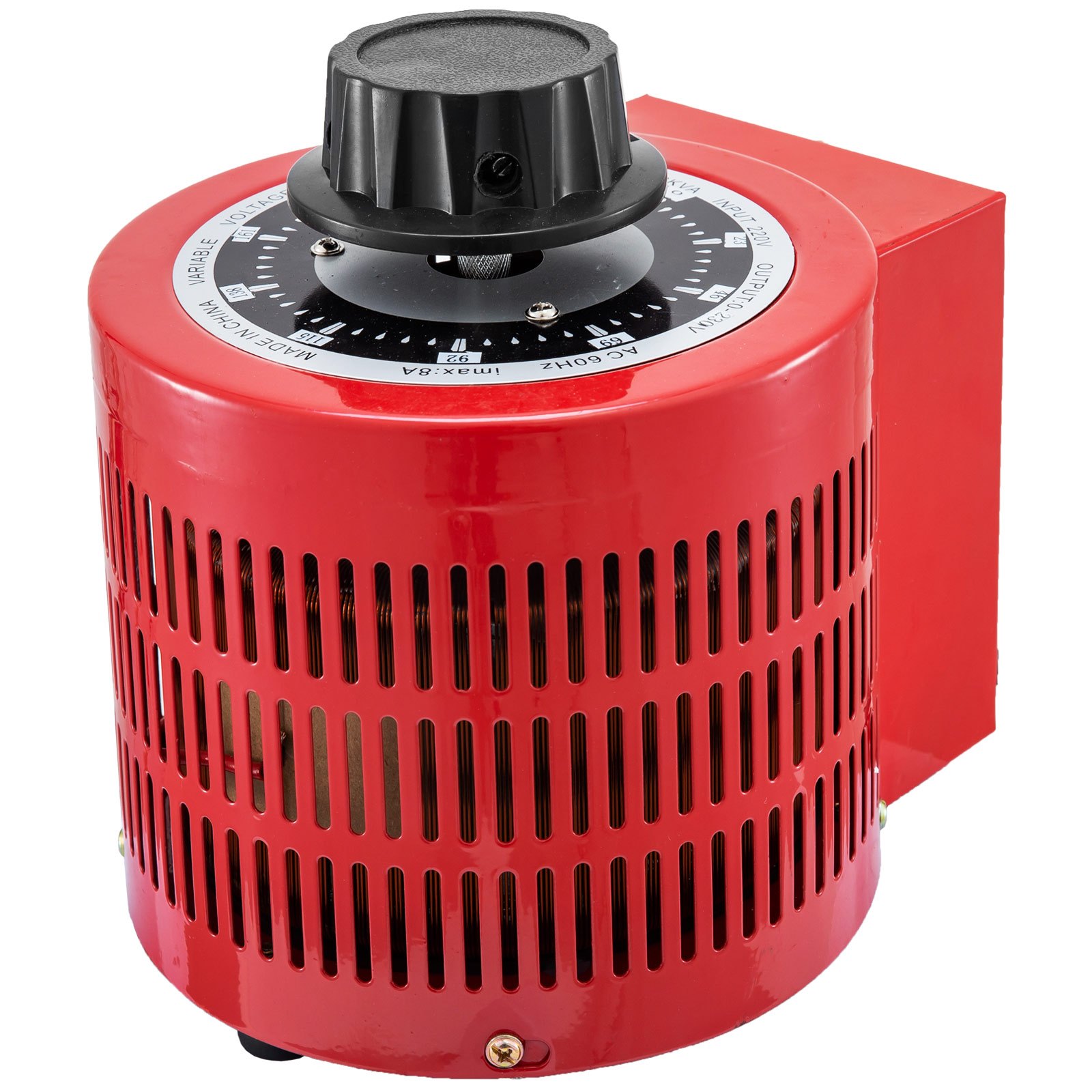 Transformador automático VEVOR rojo con perilla de dial negra y carcasa perforada.