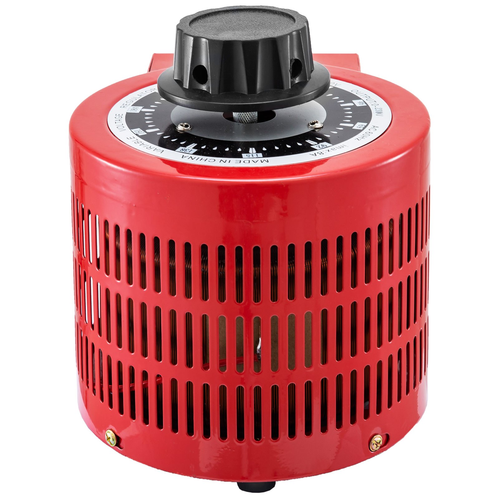 Autotransformador VEVOR rojo con esfera negra y cuerpo cilíndrico perforado.