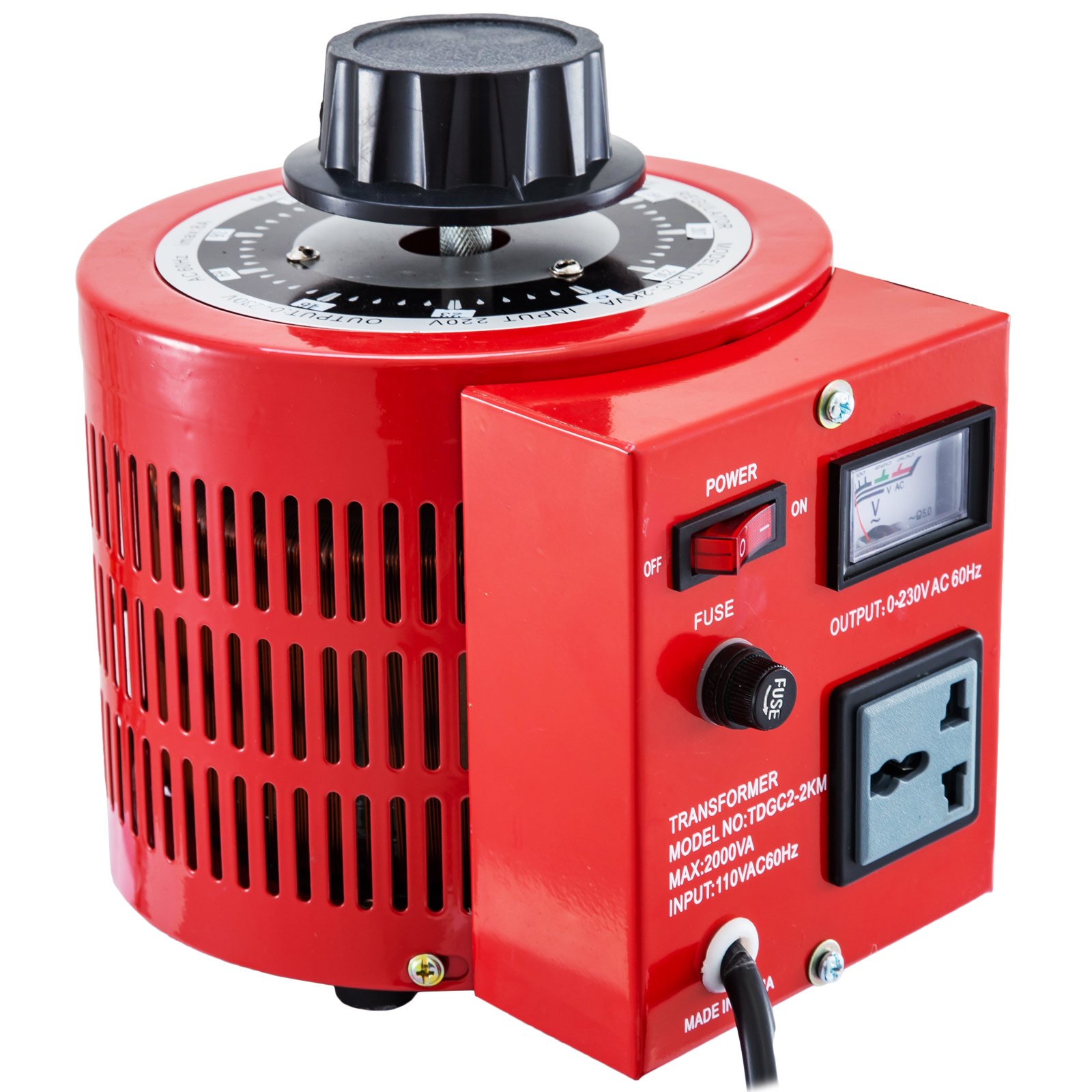 Transformador automático VEVOR rojo con dial, interruptor de encendido y pantalla de voltaje.