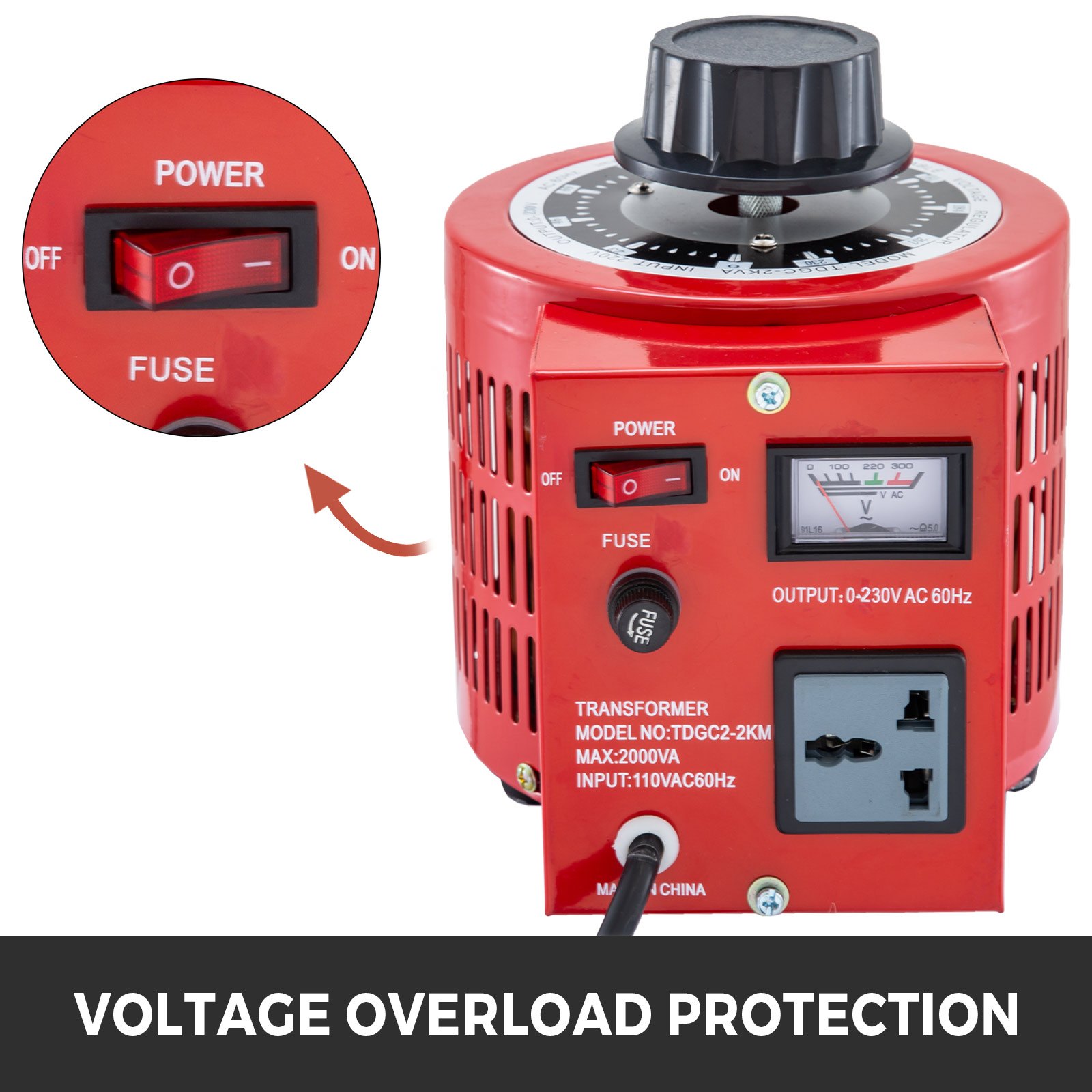 Transformador automático VEVOR rojo con interruptor de encendido, fusible y pantalla de medidor de voltaje.
