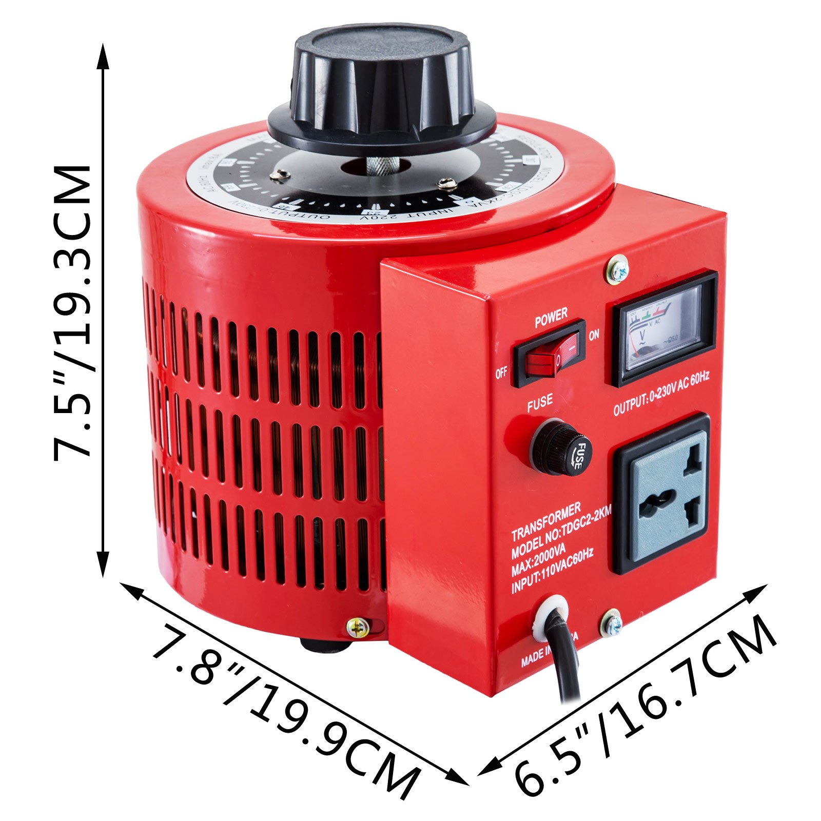 Transformador automático VEVOR rojo con perilla, interruptor de encendido, voltímetro y toma de salida.