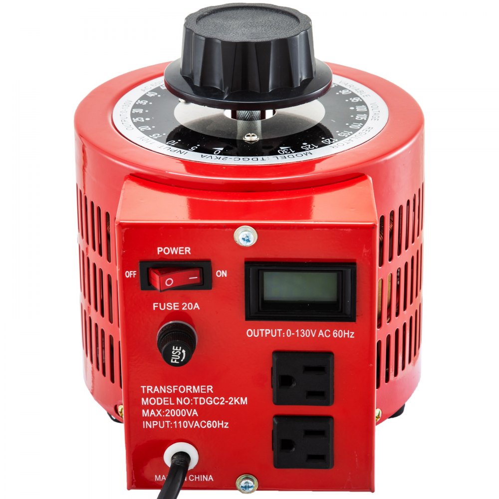 Transformador variable VEVOR rojo con dial ajustable, interruptor de encendido y salidas duales.