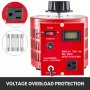 Transformador variable VEVOR rojo con protección contra sobrecarga de voltaje e interruptor de potencia.
