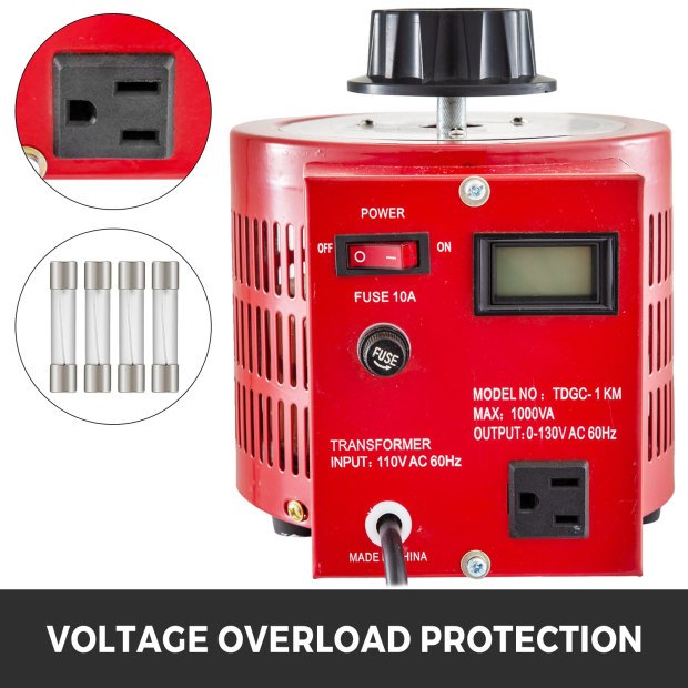 Transformador variable VEVOR rojo con protección contra sobrecarga de voltaje e interruptor de potencia.