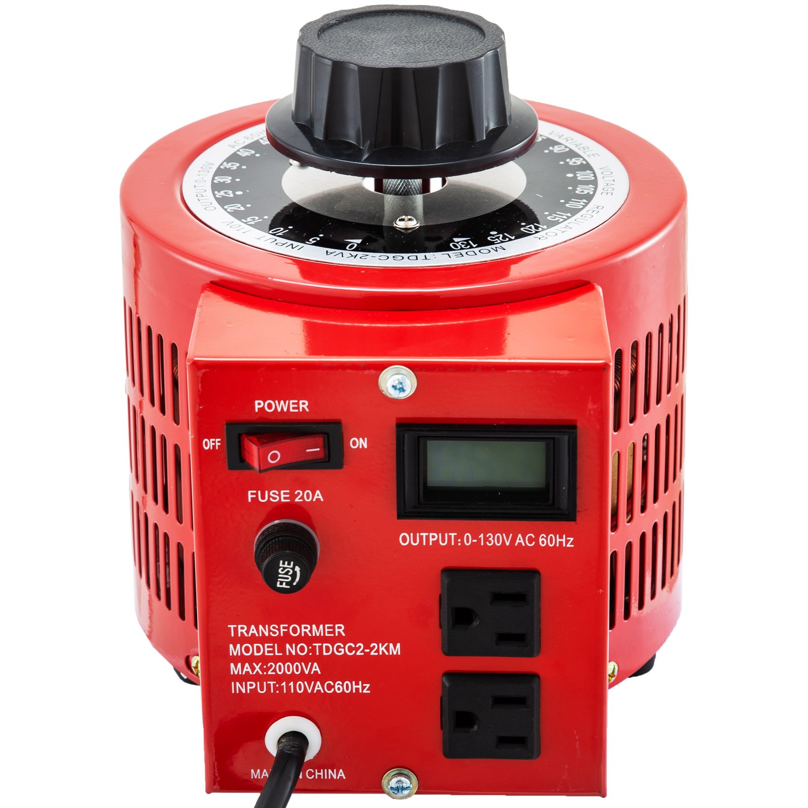 Transformador variable VEVOR rojo con dial ajustable, interruptor de encendido y salidas duales.