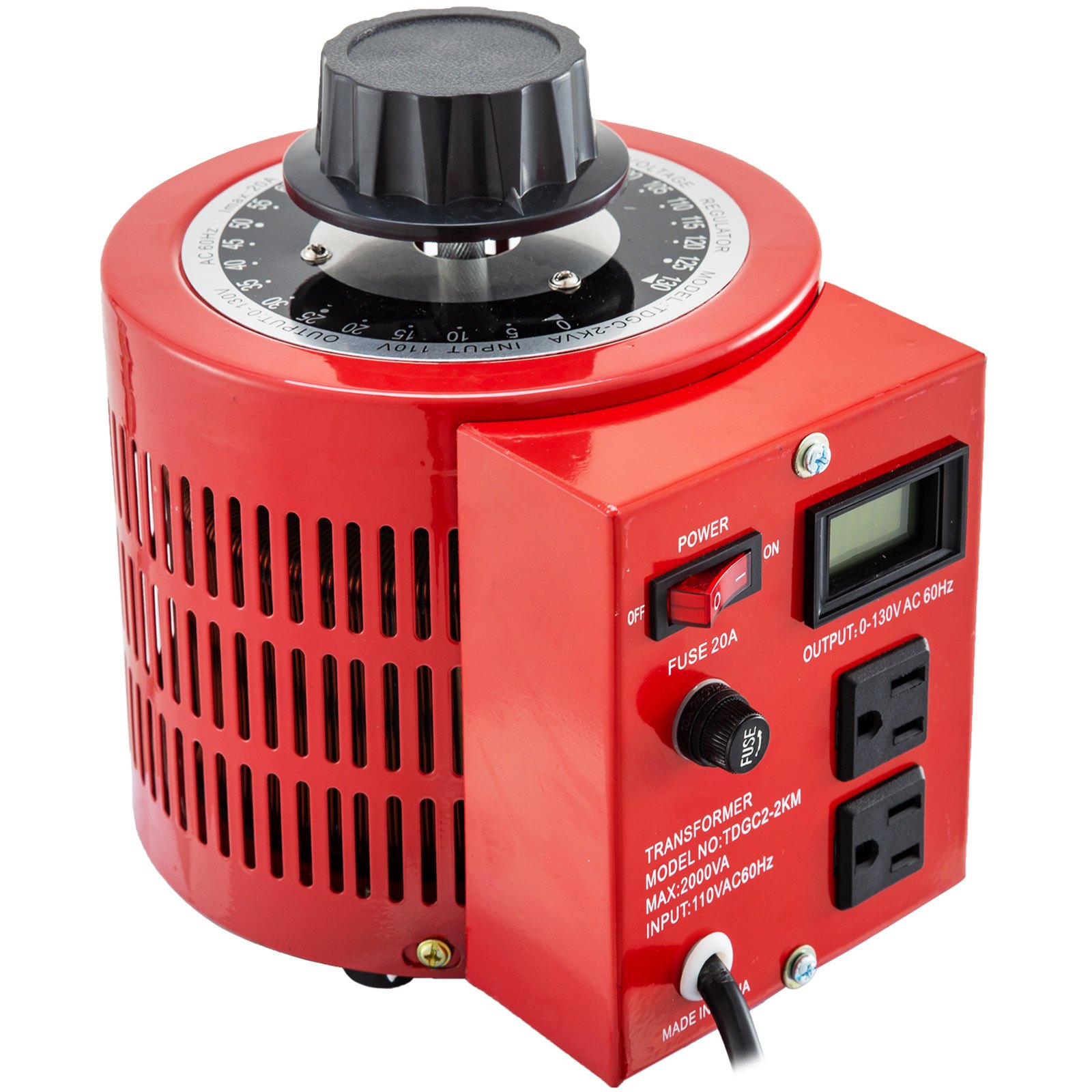 Transformador variable VEVOR rojo con perilla, interruptor de encendido y salidas dobles.