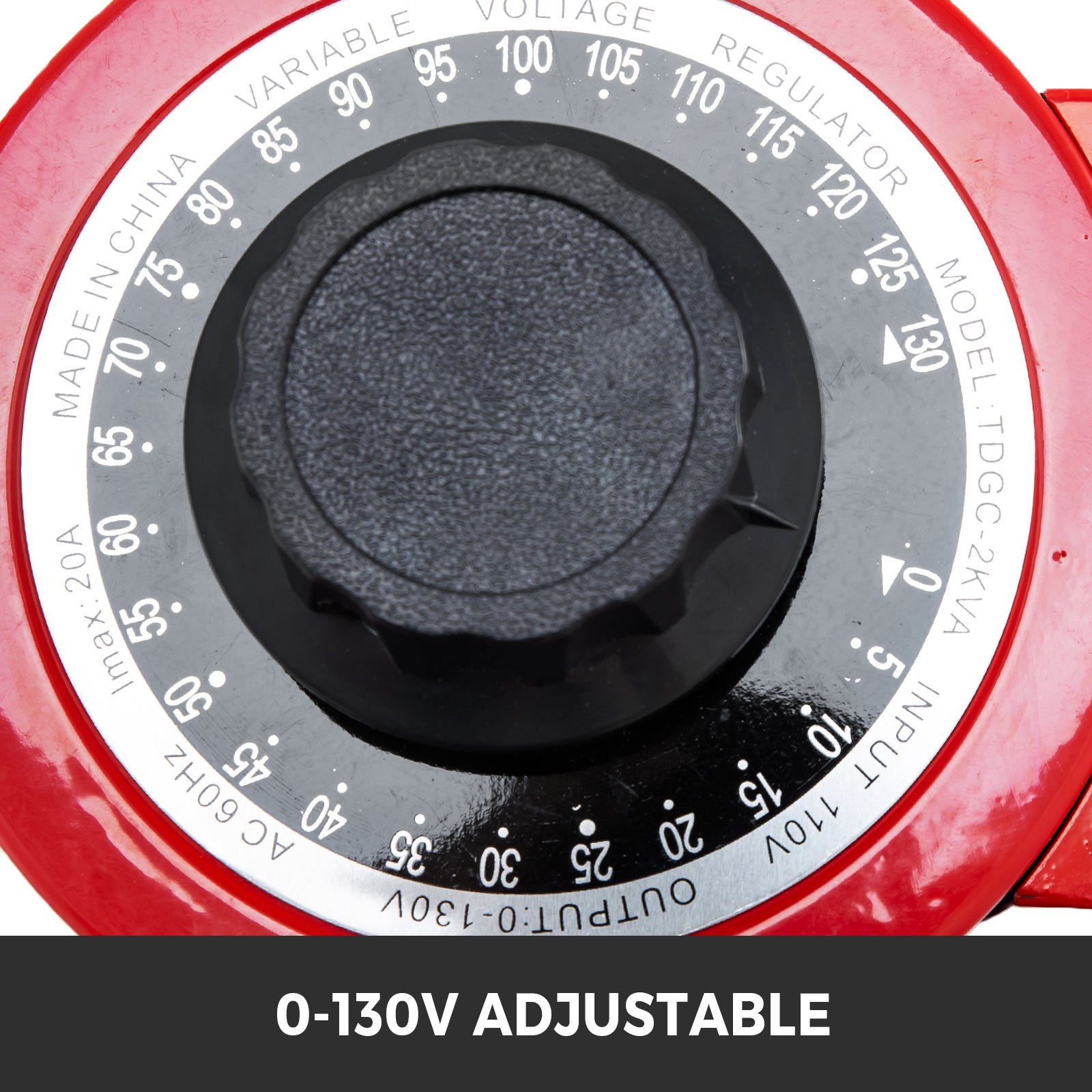Dial del transformador variable VEVOR que muestra configuraciones de voltaje ajustables de 0 a 130 V.