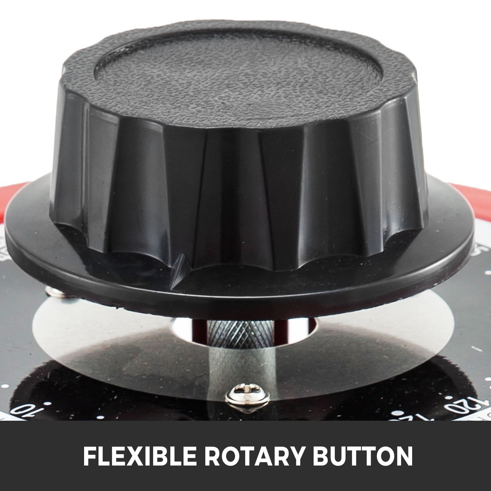 Botón giratorio negro en el transformador variable VEVOR con perilla de control flexible.